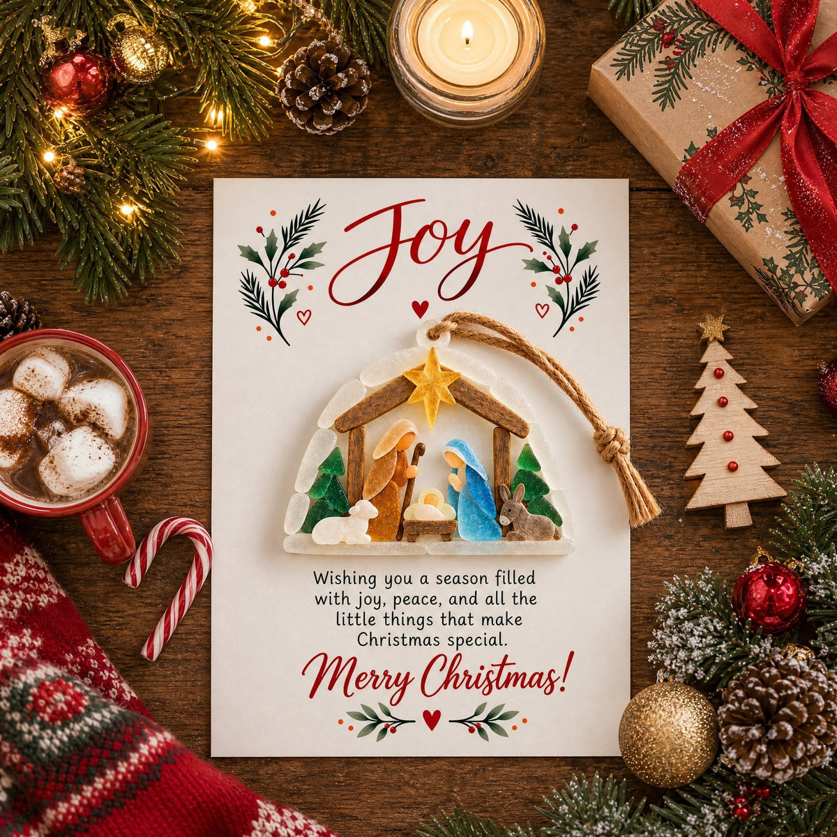 Joy Nativity Sea Glass Christmas Ornament with Greeting Card