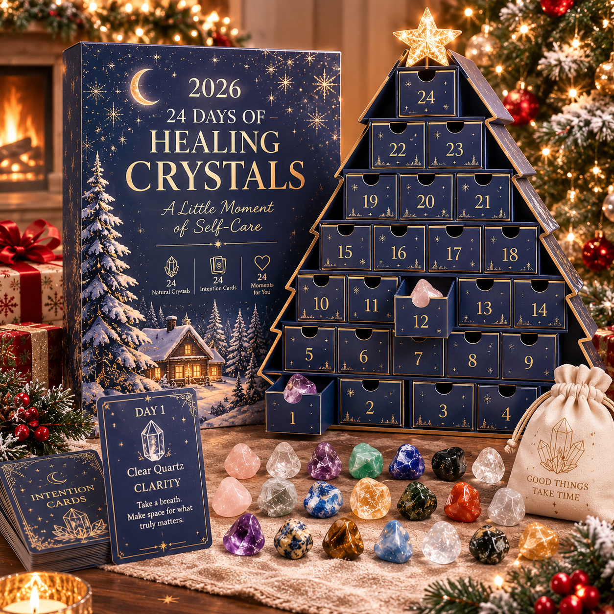 2026 Crystal Advent Calendar – 24 Days of Self-Care with Natural Crystals & Intention Cards, Christmas Countdown Gift for Mom, Girlfriend, Sister & Best Friend