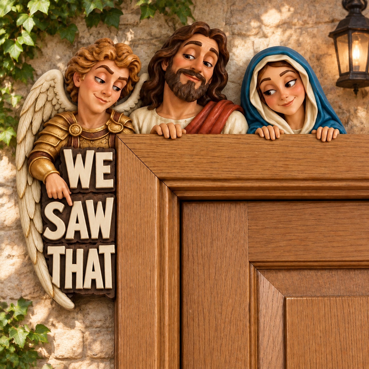 ποΈ "We Saw That" Holy Family Angel Door Frame Decor β Left/Right Peeking Style