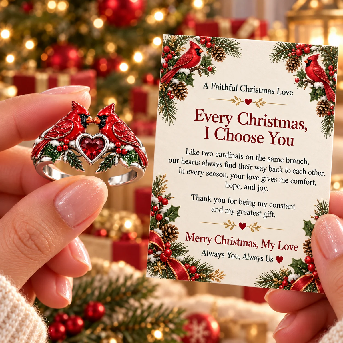 π¦ Cardinal Couple Christmas Ring with Message Card