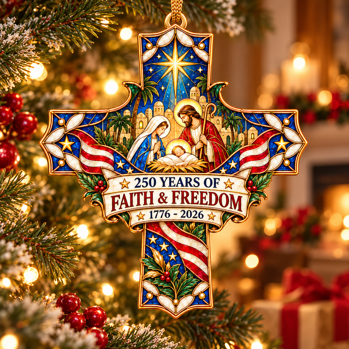 250 Years of Faith & Freedom Nativity Cross Ornament – 1776–2026 Christmas Keepsake