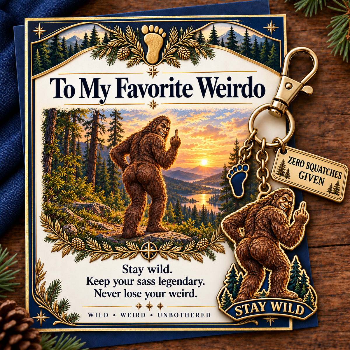 🔥Last Day 50% OFF "To My Favorite Weirdo" Funny Bigfoot Keychain & Gift Card Set 🌲🍑 - Sassy Gag Gift for Best Friends