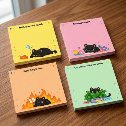 🐾 Sassy Black Cat Sticky Notes (4-Pack) | Funny Sarcastic Memo Pads for Office, School & WFH | 3"x3"