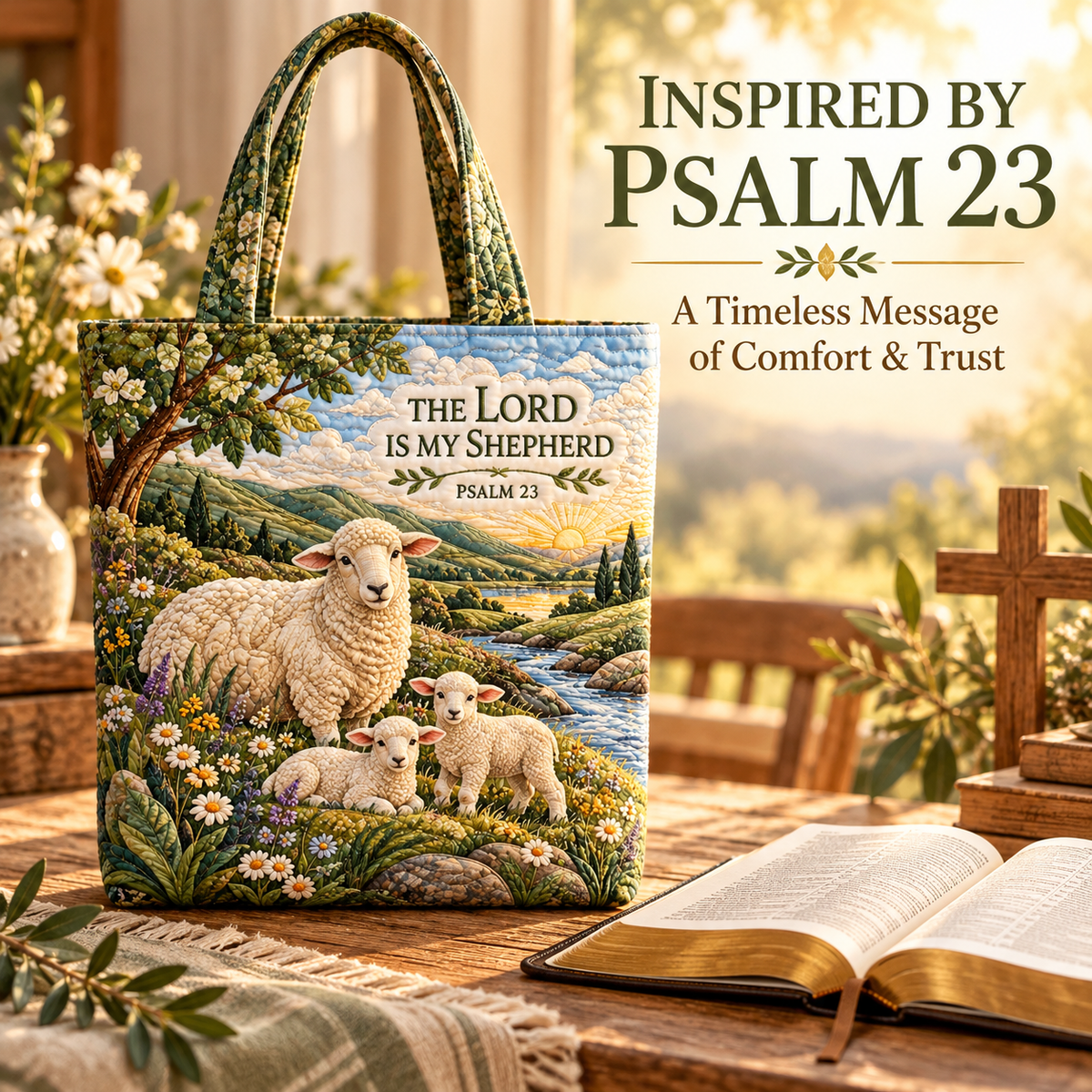 🐑 Psalm 23 Quilt-Inspired Tote Bag