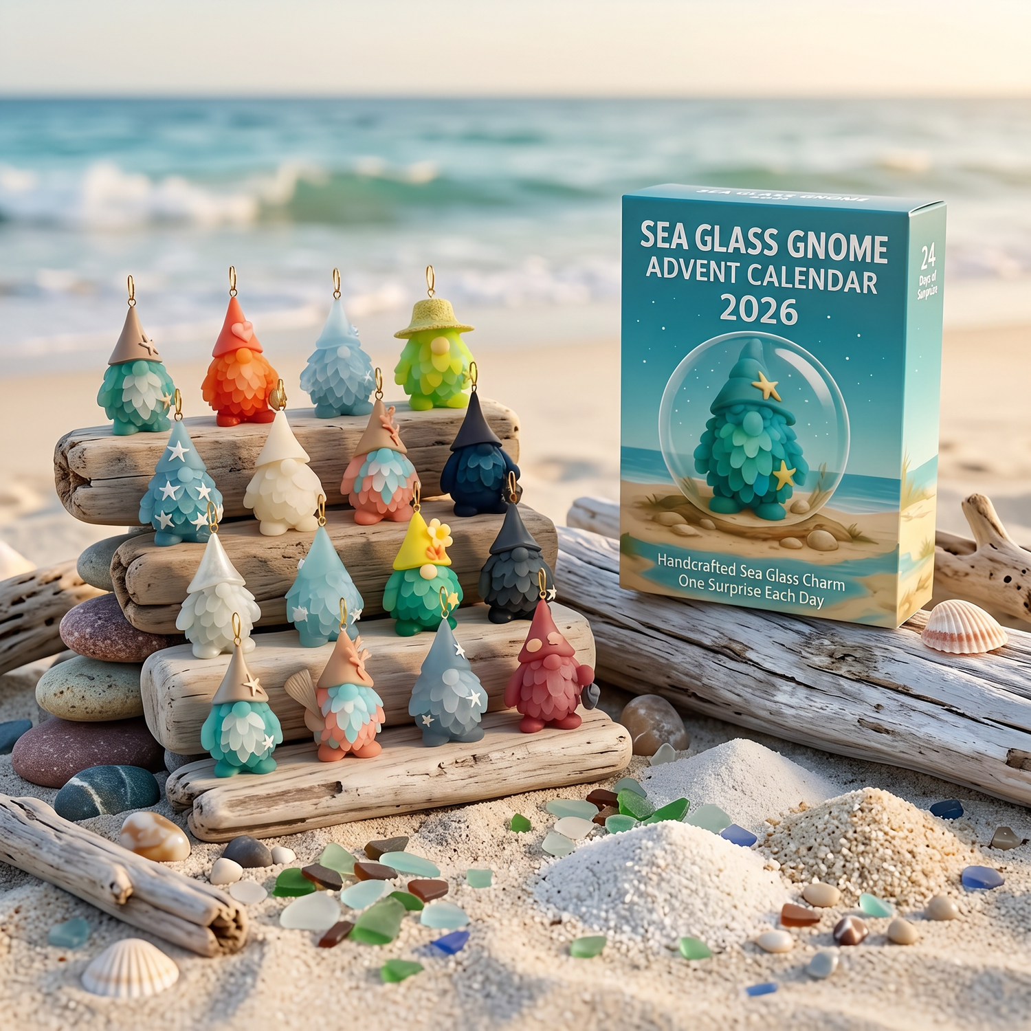 Colorful coastal gnome ornaments displayed beside the advent calendar box