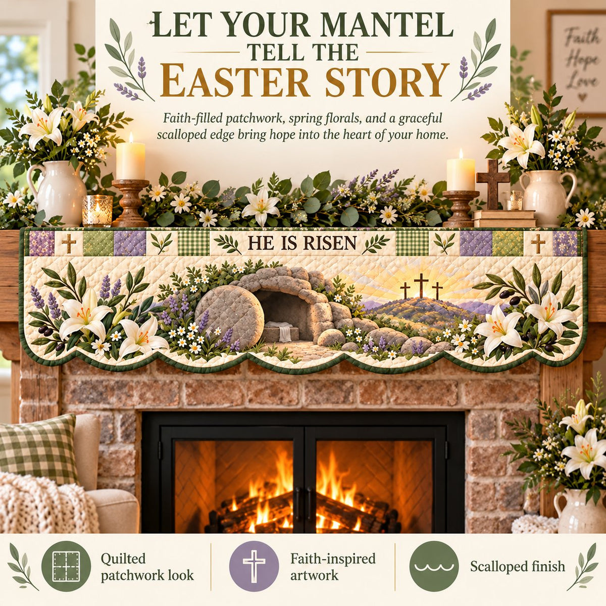 ⏳ Last Day 50% OFF – ✝️ Easter Faith Quilted Mantel Scarf | Patchwork Christian Fireplace Décor for Spring & Easter 🌷