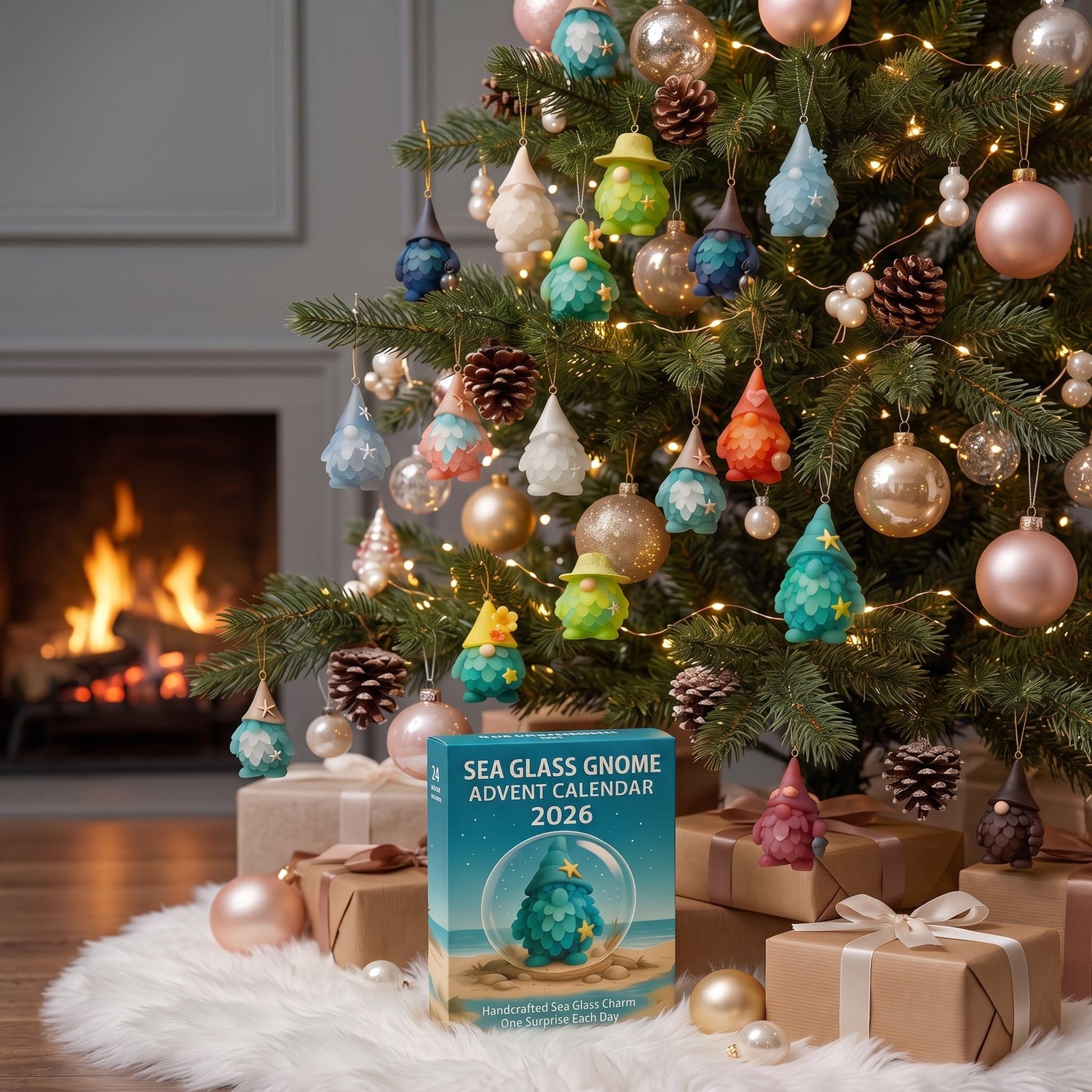 Sea glass gnome ornaments hanging on a decorated Christmas tree