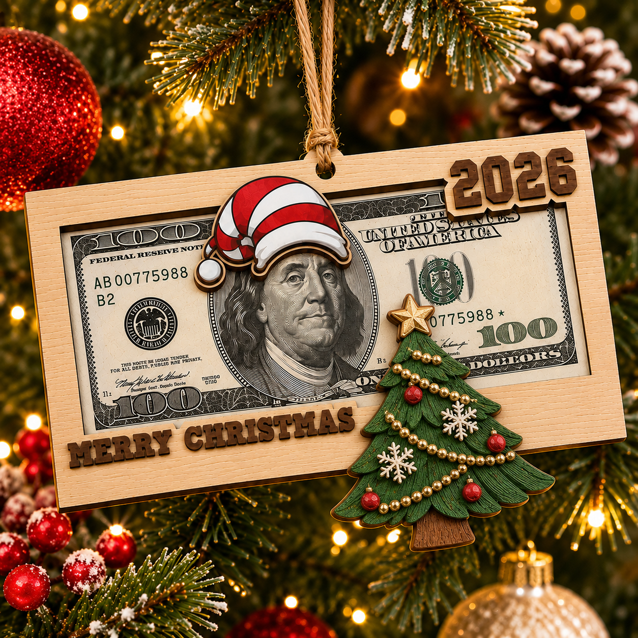 🎄 Wooden Christmas Money Holder Ornament – 2026 Cash Gift Frame with Festive Characters