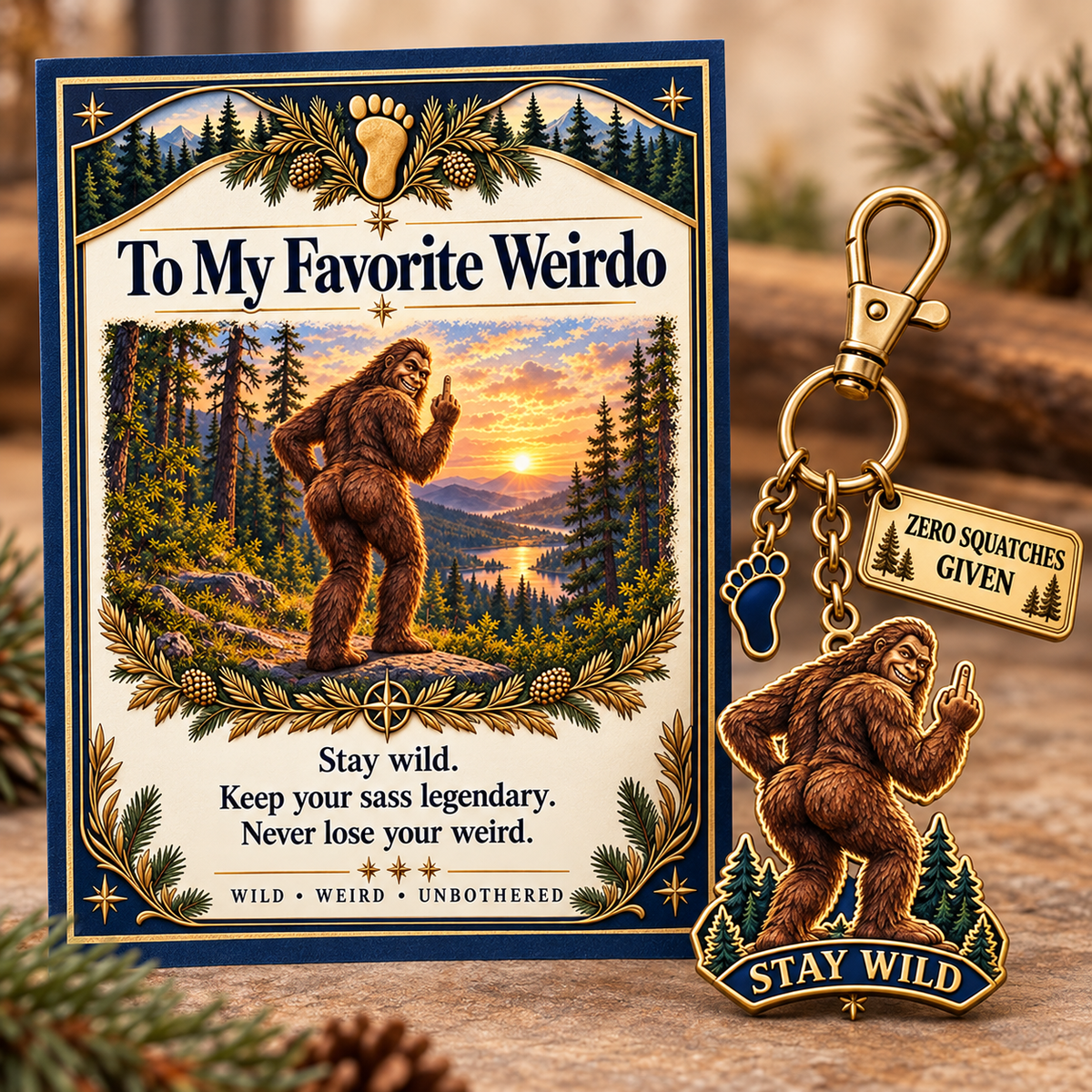 🔥Last Day 50% OFF "To My Favorite Weirdo" Funny Bigfoot Keychain & Gift Card Set 🌲🍑 - Sassy Gag Gift for Best Friends