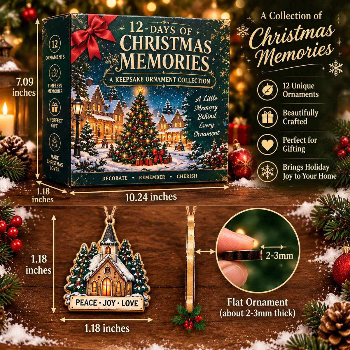 12 Days of Christmas Memories Keepsake Ornament Set – 12 Unique Wooden Christmas Tree Ornaments in Gift Box