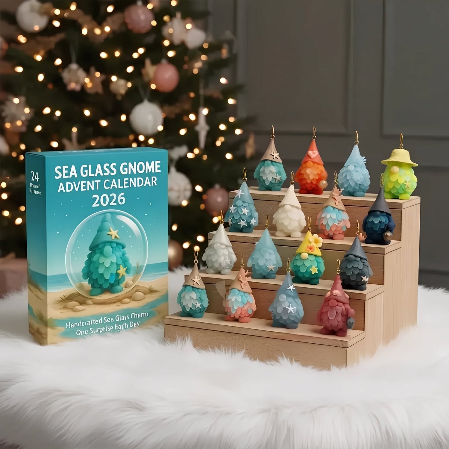 Sea Glass Gnome Advent Calendar displayed beside a Christmas tree