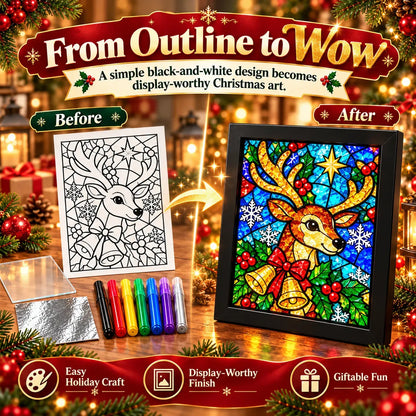 🎄Beginner-Friendly Christmas Stained Glass-Style Frame Kit | 8 Festive Designs with Pens, Foil & Frame ✨