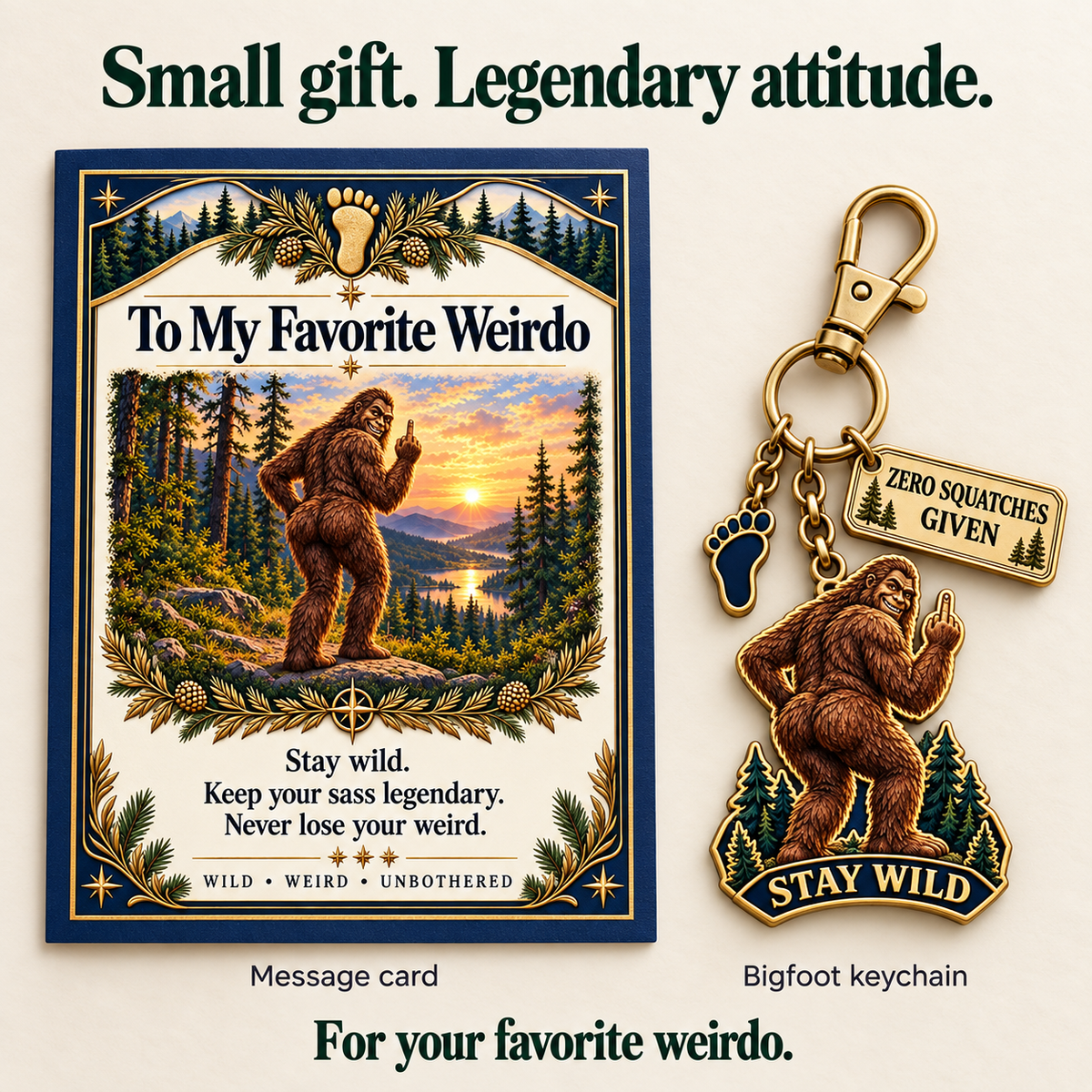 🔥Last Day 50% OFF "To My Favorite Weirdo" Funny Bigfoot Keychain & Gift Card Set 🌲🍑 - Sassy Gag Gift for Best Friends