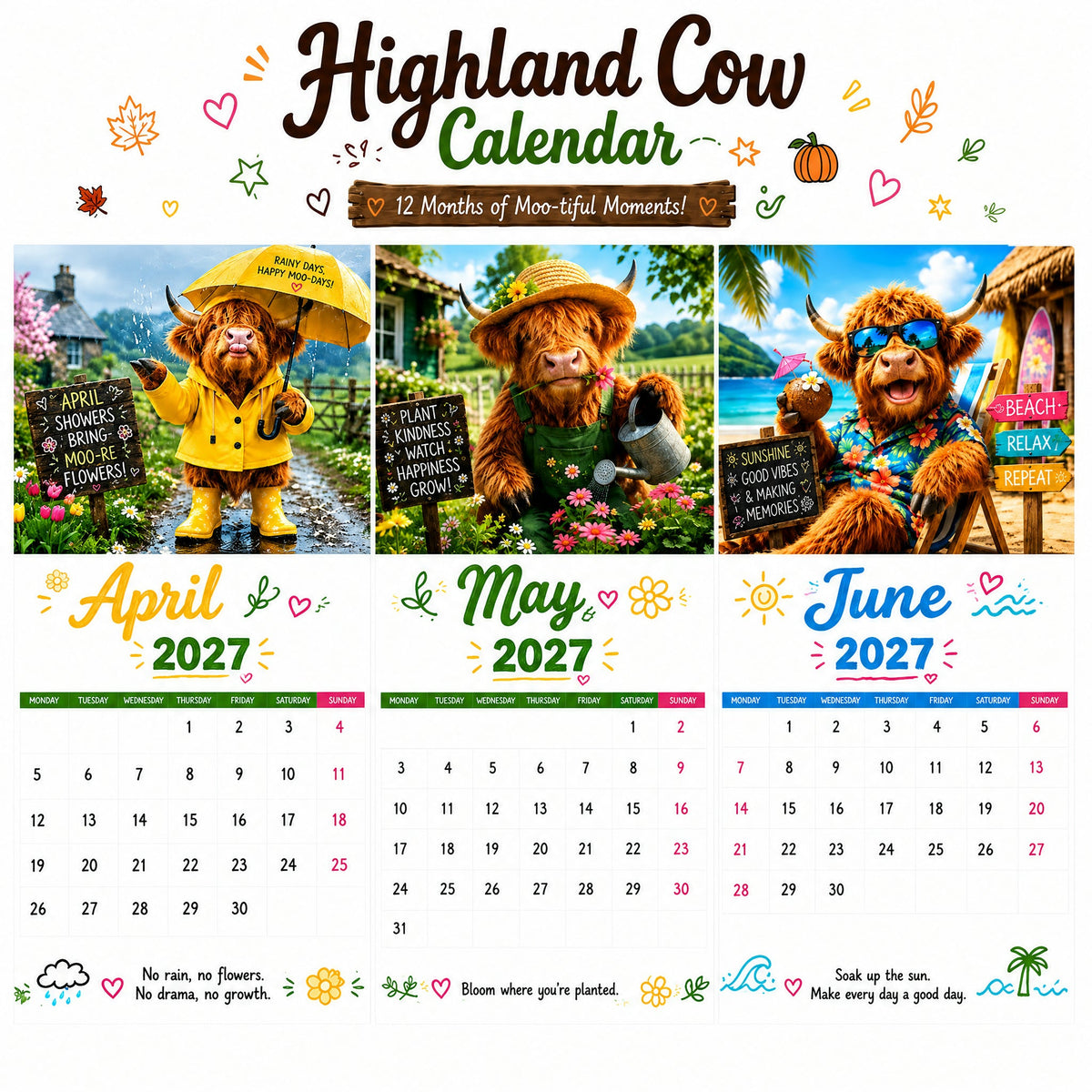 🐮 2027 Highland Cow Calendar – 12 Months of Moo-tiful Moments & Good Vibes