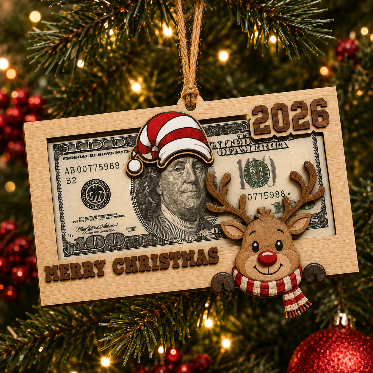 🎄 Wooden Christmas Money Holder Ornament – 2026 Cash Gift Frame with Festive Characters