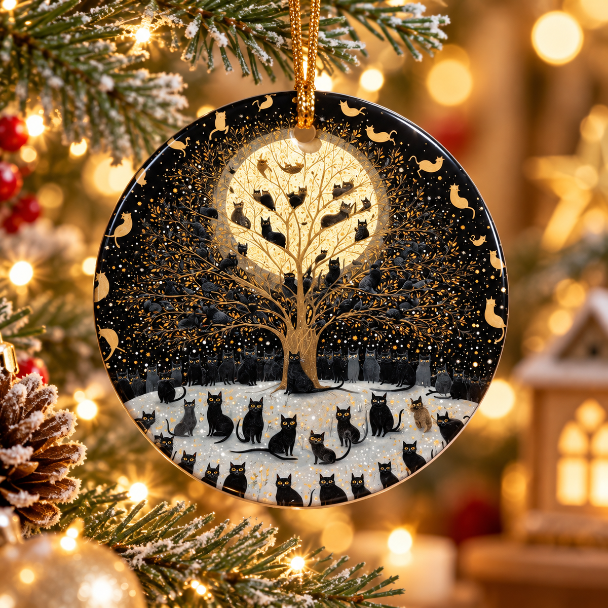 🐈‍⬛🌕 Moonlit Black Cats Tree of Life Ceramic Ornament
