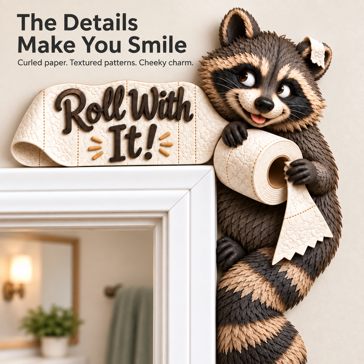 “Roll With It” Raccoon Door Frame Corner Decor