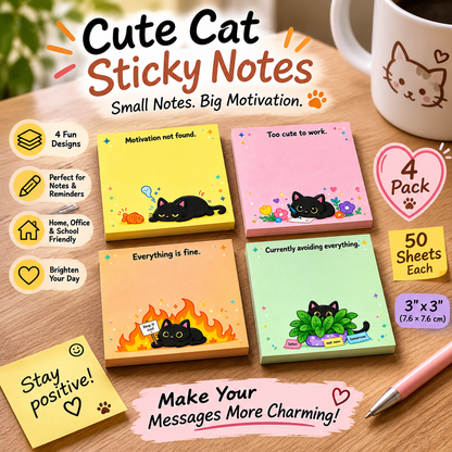 🐾 Sassy Black Cat Sticky Notes (4-Pack) | Funny Sarcastic Memo Pads for Office, School & WFH | 3"x3"