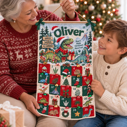Christmas Dinosaur - Personalized Fabric Advent Calendar - Christmas Gift For Kids, Family Members