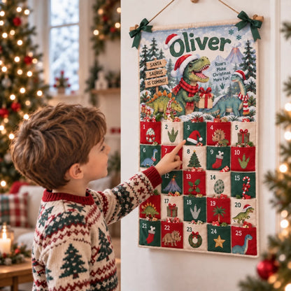 Christmas Dinosaur - Personalized Fabric Advent Calendar - Christmas Gift For Kids, Family Members