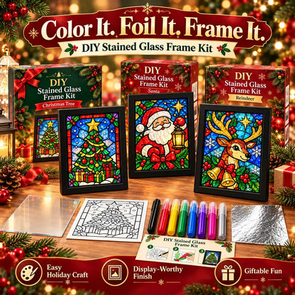 🎄Beginner-Friendly Christmas Stained Glass-Style Frame Kit | 8 Festive Designs with Pens, Foil & Frame ✨