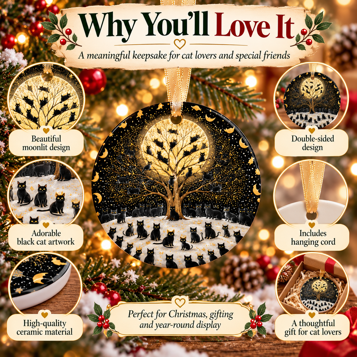 🐈‍⬛🌕 Moonlit Black Cats Tree of Life Ceramic Ornament
