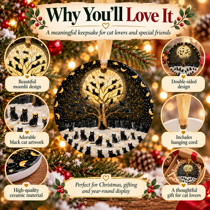 🐈‍⬛🌕 Moonlit Black Cats Tree of Life Ceramic Ornament