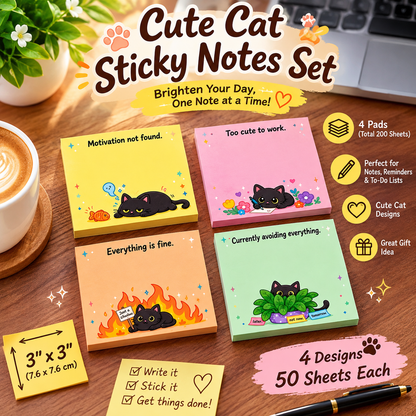 🐾 Sassy Black Cat Sticky Notes (4-Pack) | Funny Sarcastic Memo Pads for Office, School & WFH | 3"x3"