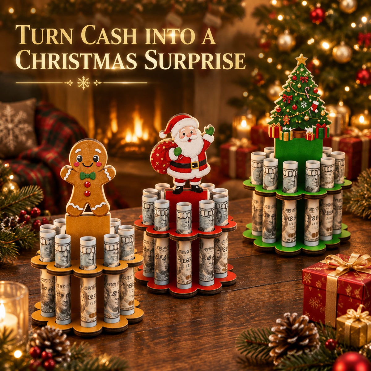 Christmas Tabletop Wooden Money Holder 🎁 Santa Snowman Christmas Tree Cash Roll Display Rack, Funny Christmas Gift for Family Friends