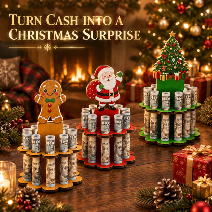 Christmas Tabletop Wooden Money Holder 🎁 Santa Snowman Christmas Tree Cash Roll Display Rack, Funny Christmas Gift for Family Friends