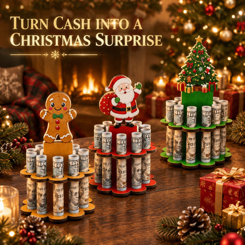 Christmas Tabletop Wooden Money Holder 🎁 Santa Snowman Christmas Tree Cash Roll Display Rack, Funny Christmas Gift for Family Friends