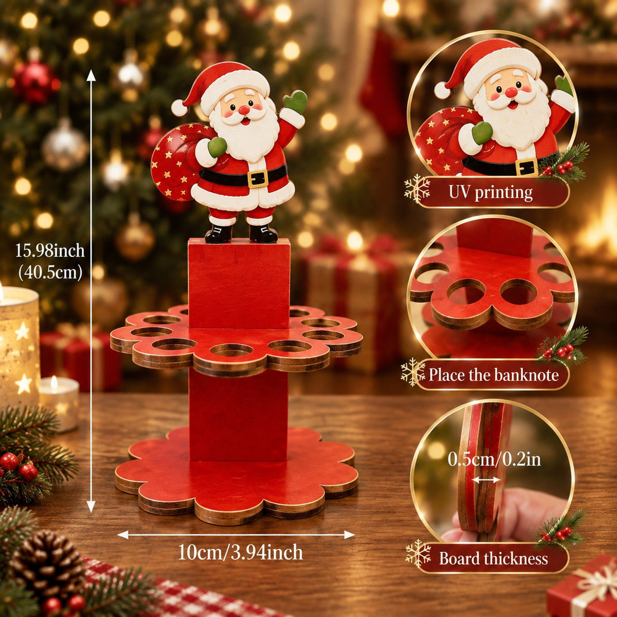 Christmas Tabletop Wooden Money Holder 🎁 Santa Snowman Christmas Tree Cash Roll Display Rack, Funny Christmas Gift for Family Friends