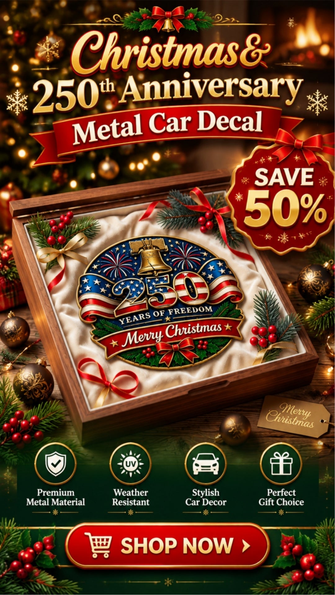 Christmas and 250th Anniversary commemorative car decal display