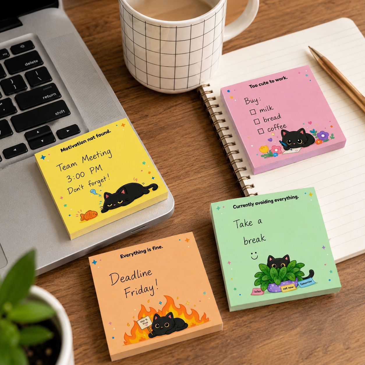 🐾 Sassy Black Cat Sticky Notes (4-Pack) | Funny Sarcastic Memo Pads for Office, School & WFH | 3"x3"