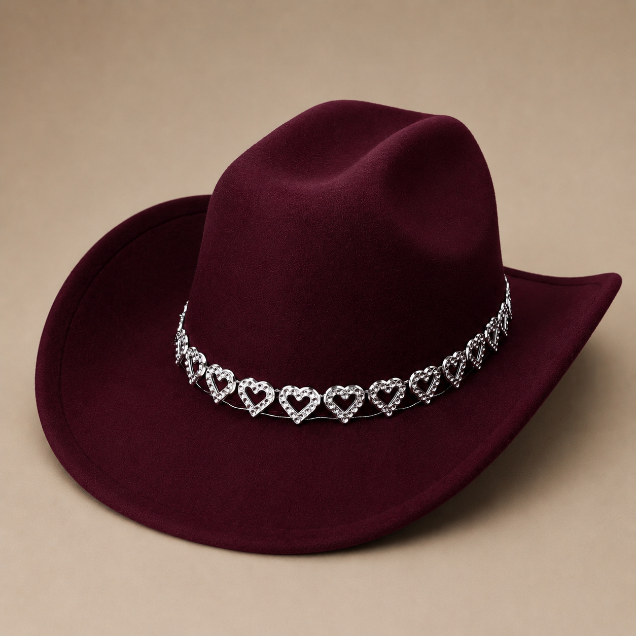Women's Classic Wide Brim Western Cowboy Hat with Heart Chain