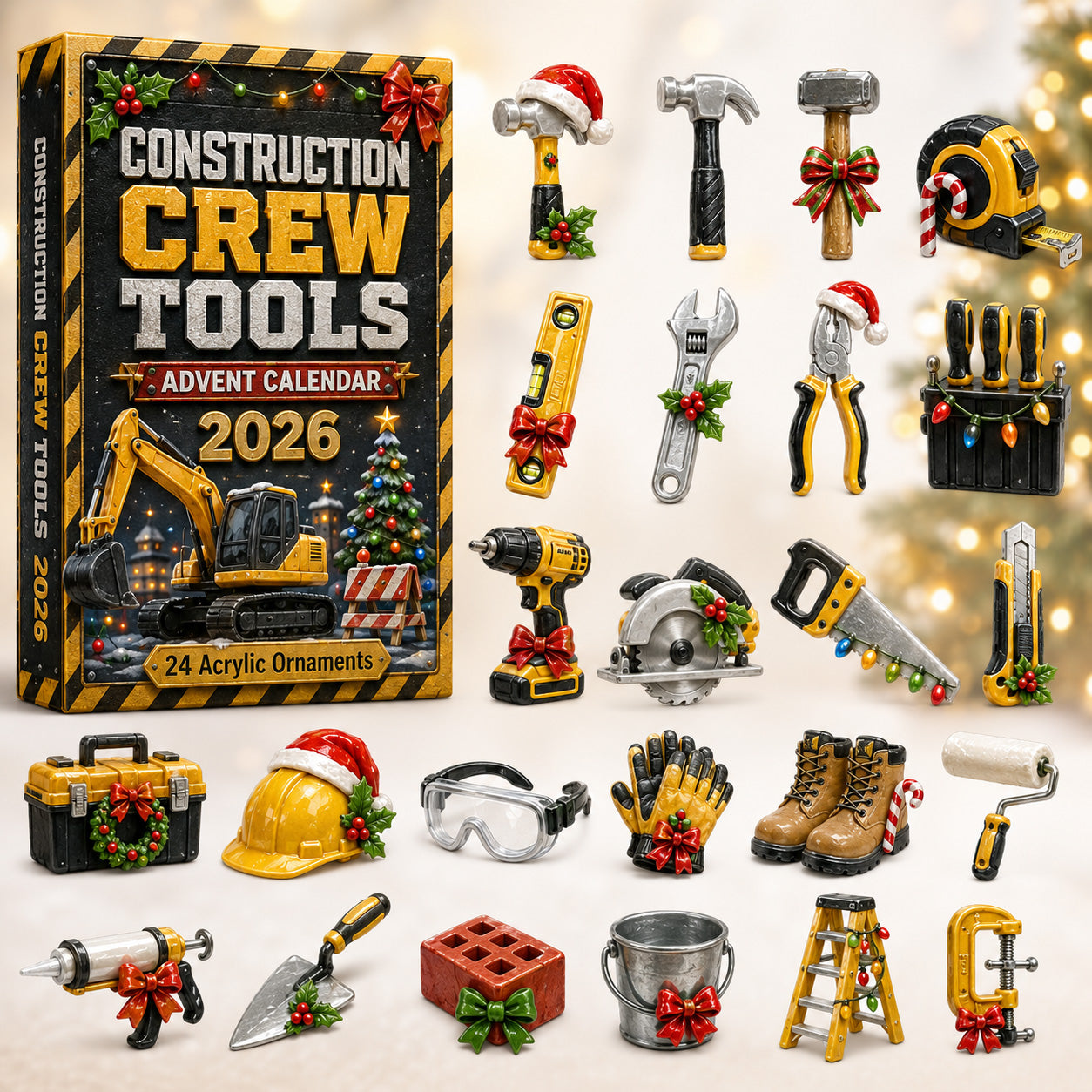 Construction Crew Tools Advent Calendar 2026 - 24-Day Festive Countdown, Acrylic Charms Blind Box - Gift For Construction Workers AC0HT477