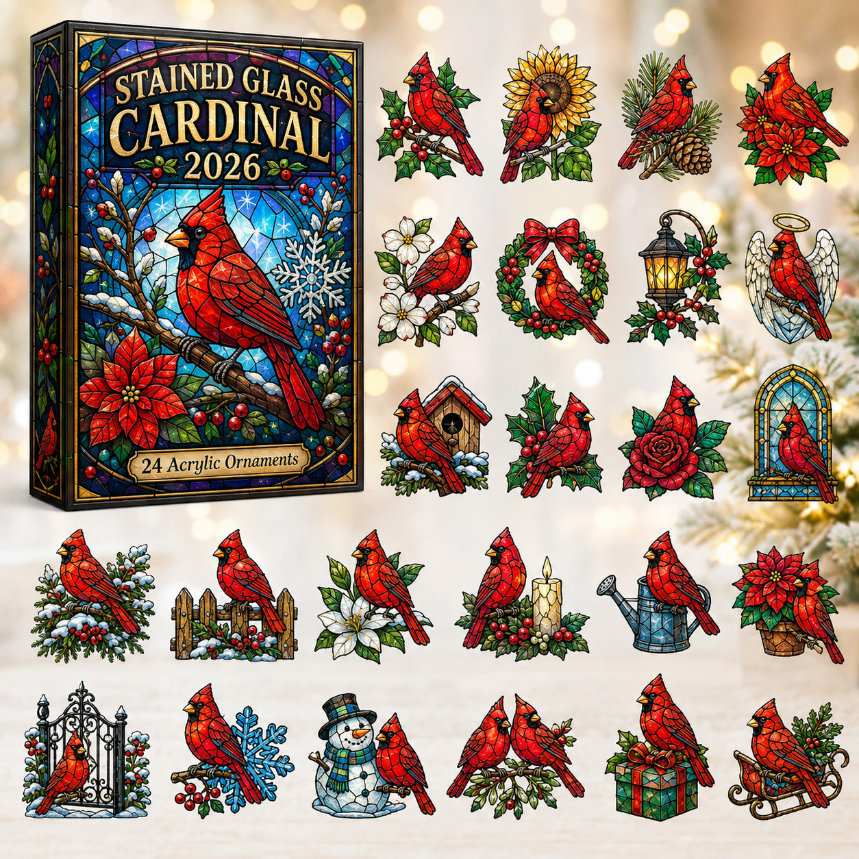 Stained Glass Cardinal Advent Calendar 2026 - 24-Day Festive Countdown, Acrylic Charms Blind Box - Gift For Cardinal Lovers, Family & Friends AC0HT437