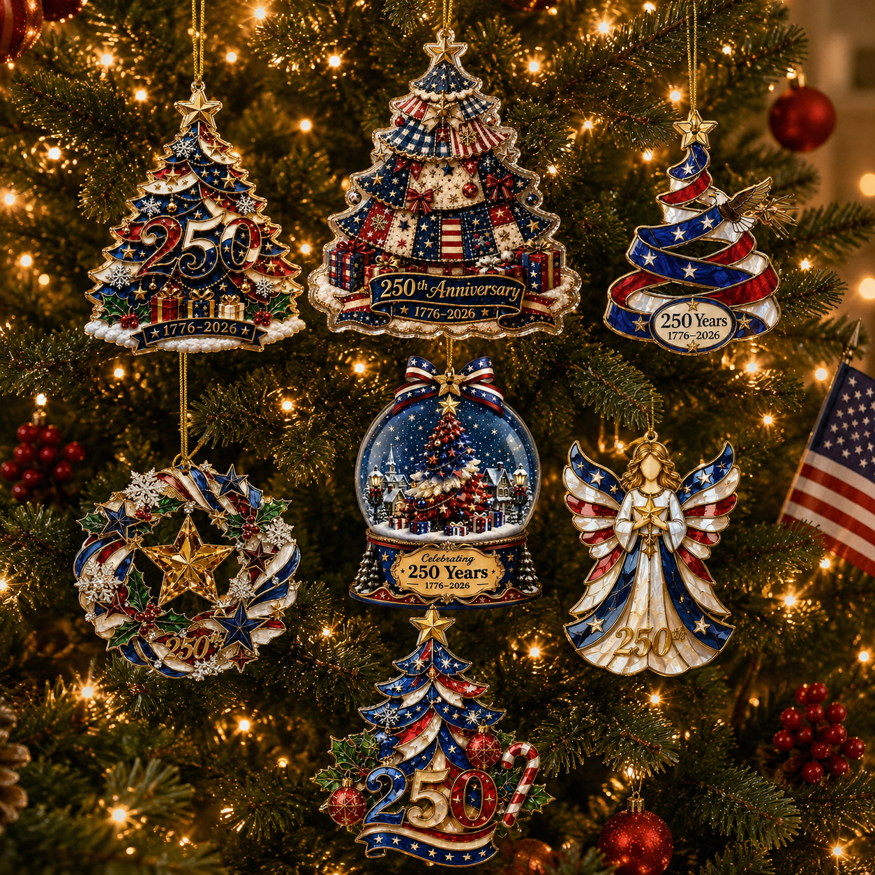 🔥Limited Time 50% OFF🎄 US 250th Anniversary Christmas Ornament, 7 Vintage American Flag Styles