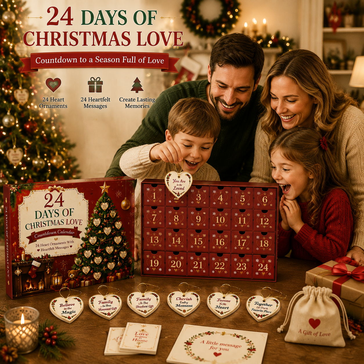 🎄24 Days of Christmas Love Countdown Calendar – Heartfelt Message Ornaments Gift