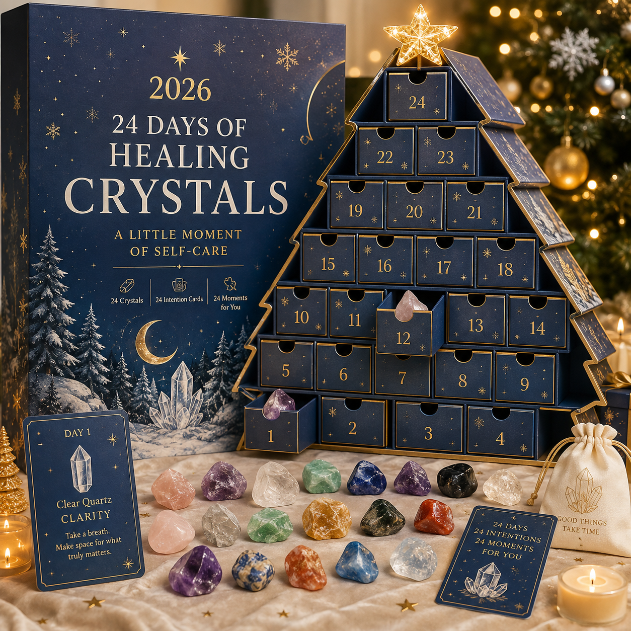 2026 Crystal Advent Calendar – 24 Days of Self-Care with Natural Crystals & Intention Cards, Christmas Countdown Gift for Mom, Girlfriend, Sister & Best Friend