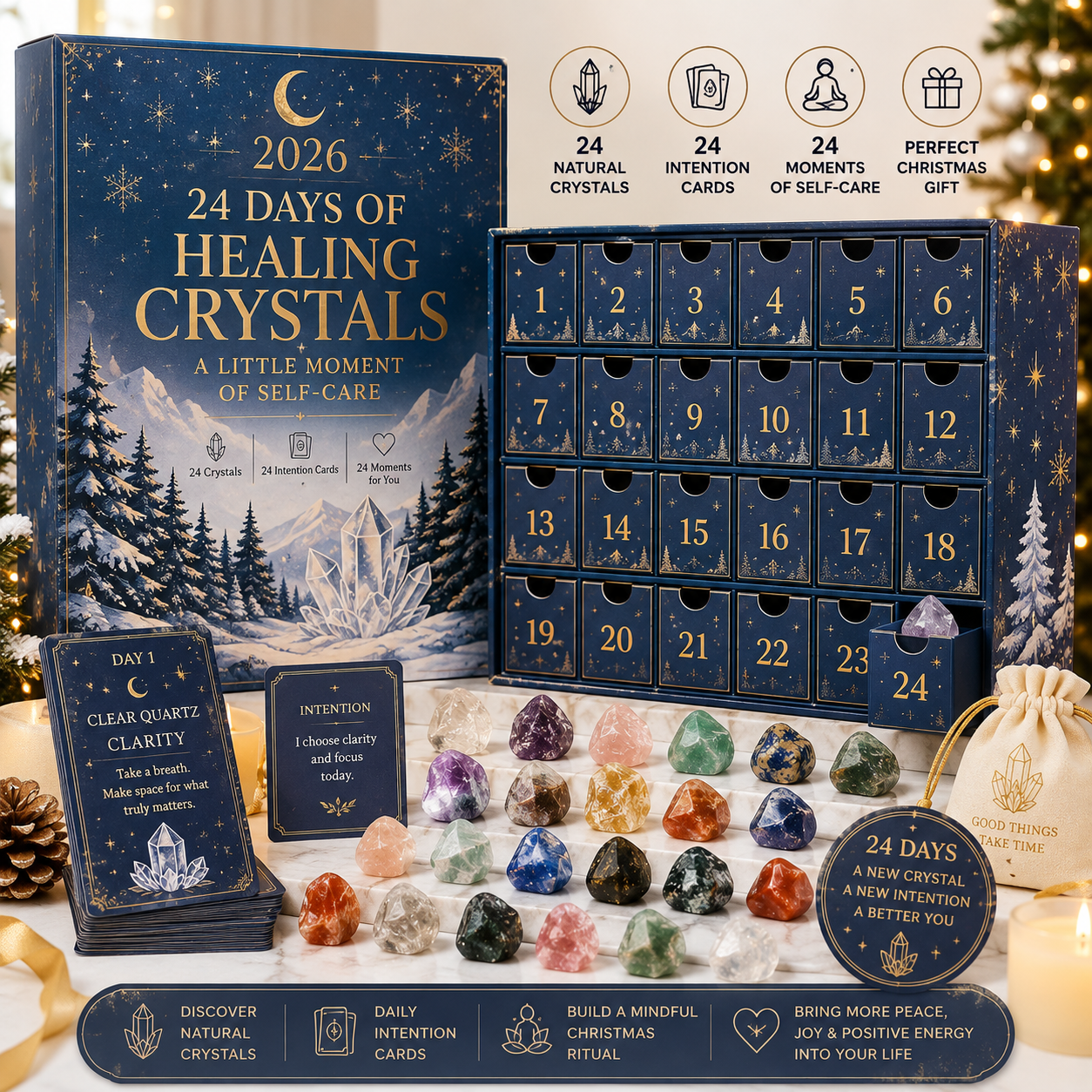 2026 Crystal Advent Calendar – 24 Days of Self-Care with Natural Crystals & Intention Cards, Christmas Countdown Gift for Mom, Girlfriend, Sister & Best Friend