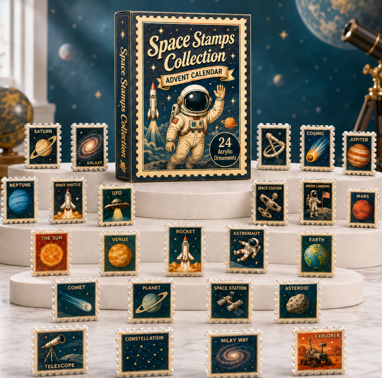 Space Stamps Collection Advent Calendar 2026 - 24-Day Festive Countdown, Acrylic Charms Blind Box