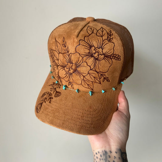Flower Patch Burned Suede Trucker Hat with Dainty Turquoise Stone Chain