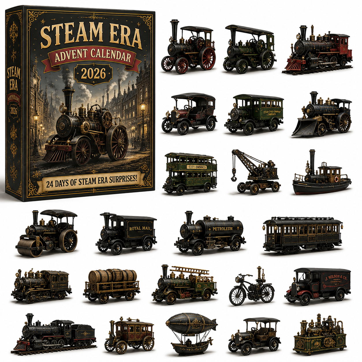 🚂 Steam Era Advent Calendar 2026 – 24 Days of Vintage Train Surprises & Collectible Miniature Vehicles | Premium Christmas Gift