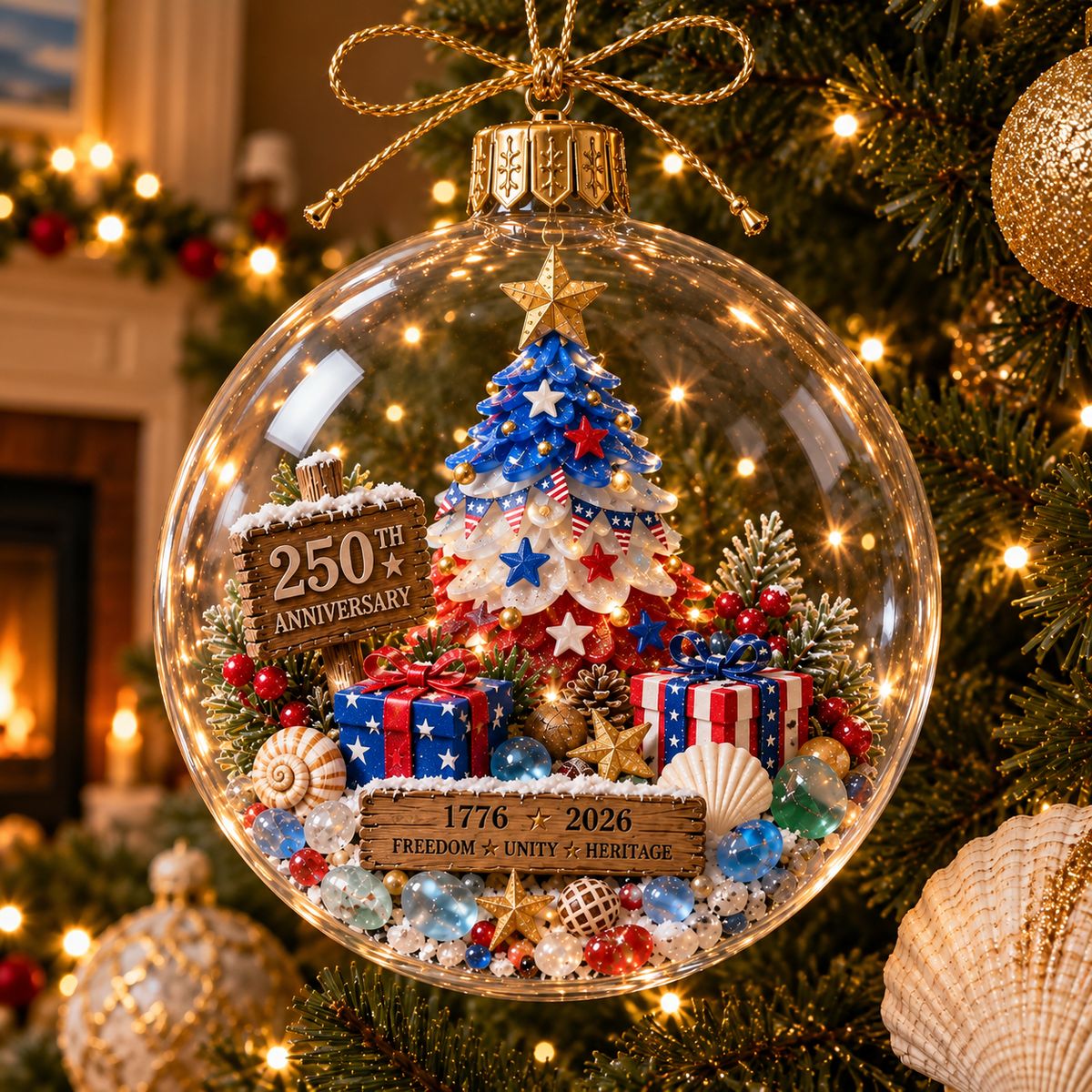 🇺🇸 250th Anniversary Patriotic Coastal Ornament – USA Christmas Hanging Keepsake
