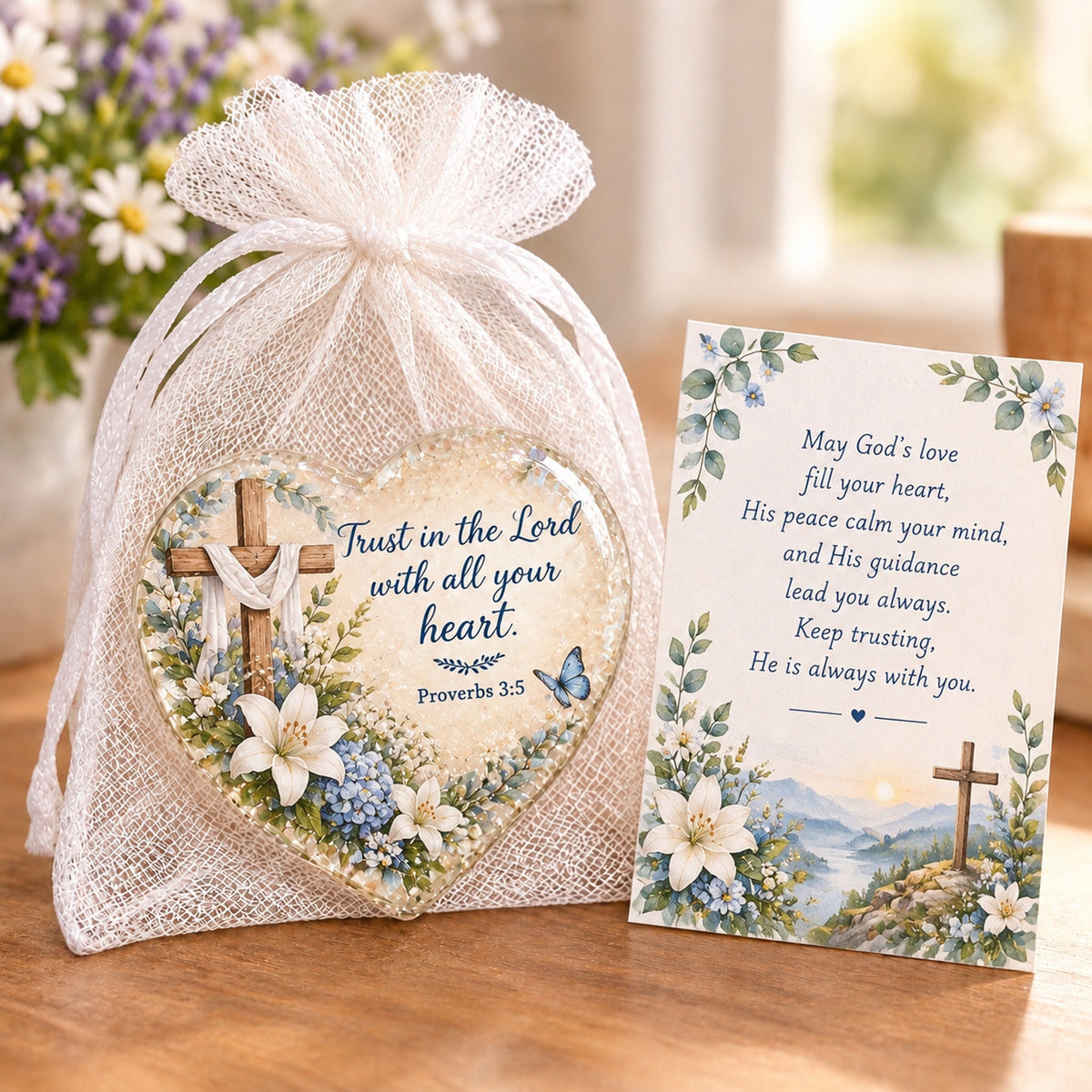 ✝️ Christian Faith Heart Keepsake with Prayer Card & Organza Bag