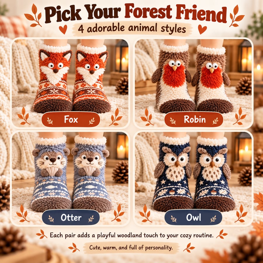 🦊🐦Cozy Animal Fuzzy Slipper Socks – Cute & Warm House Socks🦦🦉