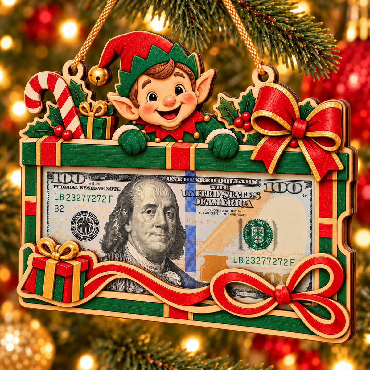 🎄 Wooden Christmas Cash Gift Holder Ornament
