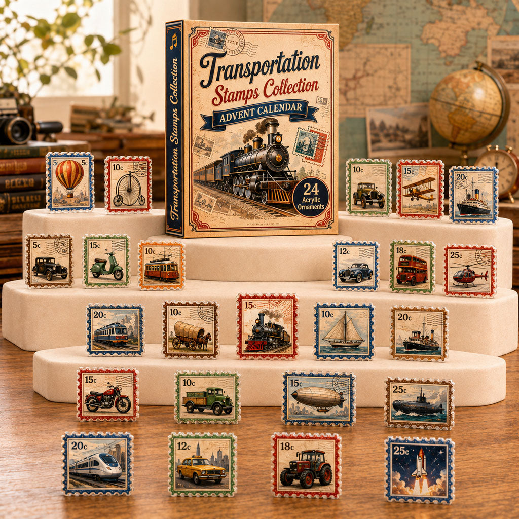 Transportation Stamps Collection Advent Calendar 2026 - 24-Day Festive Countdown, Acrylic Charms Blind Box