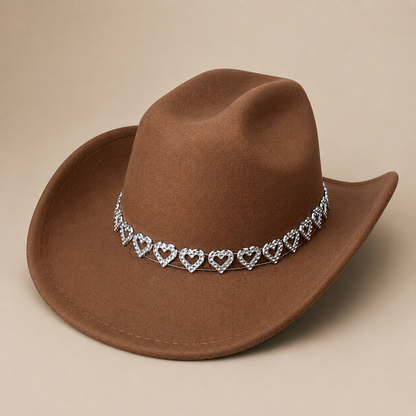 Women's Classic Wide Brim Western Cowboy Hat with Heart Chain